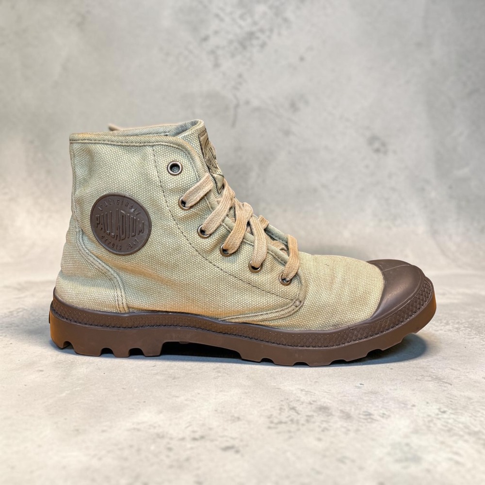 Palladium Pampa Hi Men Canvas Boots Olive Green Khaki High Top Lug Sole sz 9.5